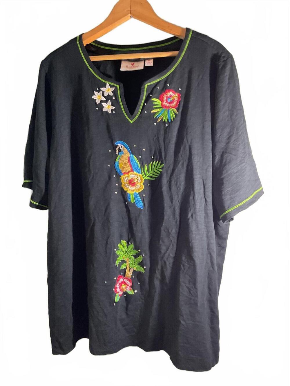 Quacker Factory Black Embroidered Tropical Bird Tunic Top Size 3X